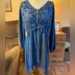 Blue Embroidered Mini Dress/Tunic Plus Size